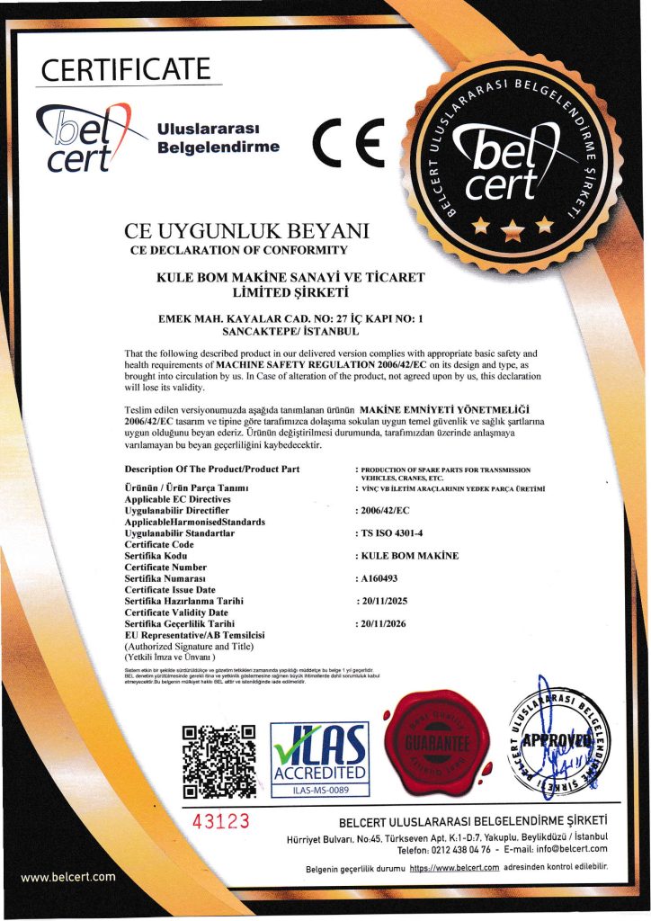 Kule Bom Makine CE Standardı Uygunluk Belgesi